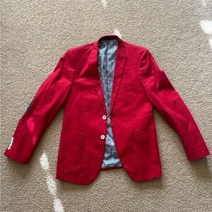 Paisley & Gray Red Blazer with Navy Blue and White Polka Dot Elbow Patches